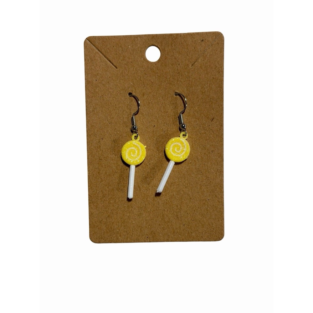 Yellow Lollipop Dangle Earrings Candy Swirl Glitter Drop Jewelry Fun Kitsch